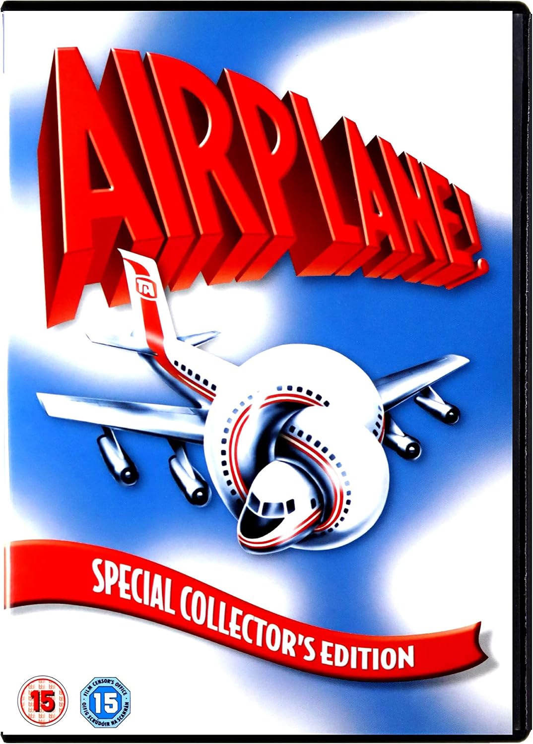 Airplane! Special Collector's Edition DVD cover featuring a stylized white airplane with red and black stripes against a blue sky background, with large red 'AIRPLANE!' title text and age rating logos at the bottom.