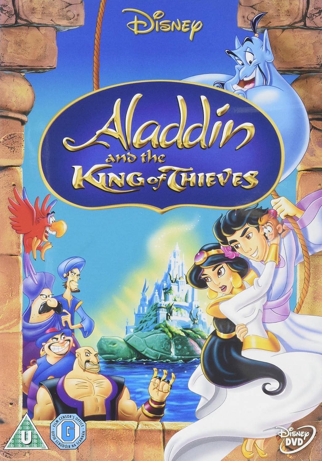 Disney movie poster for 'Aladdin and the King of Thieves' with animated characters and castle.