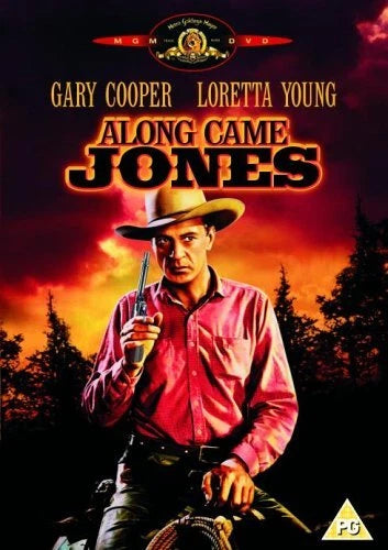 VHS cover art for the movie 'Along Came Jones' featuring Gary Cooper as Jim Jones on a horse against a fiery sunset sky, with MGM DVD branding at the top and a PG rating logo at the bottom right.