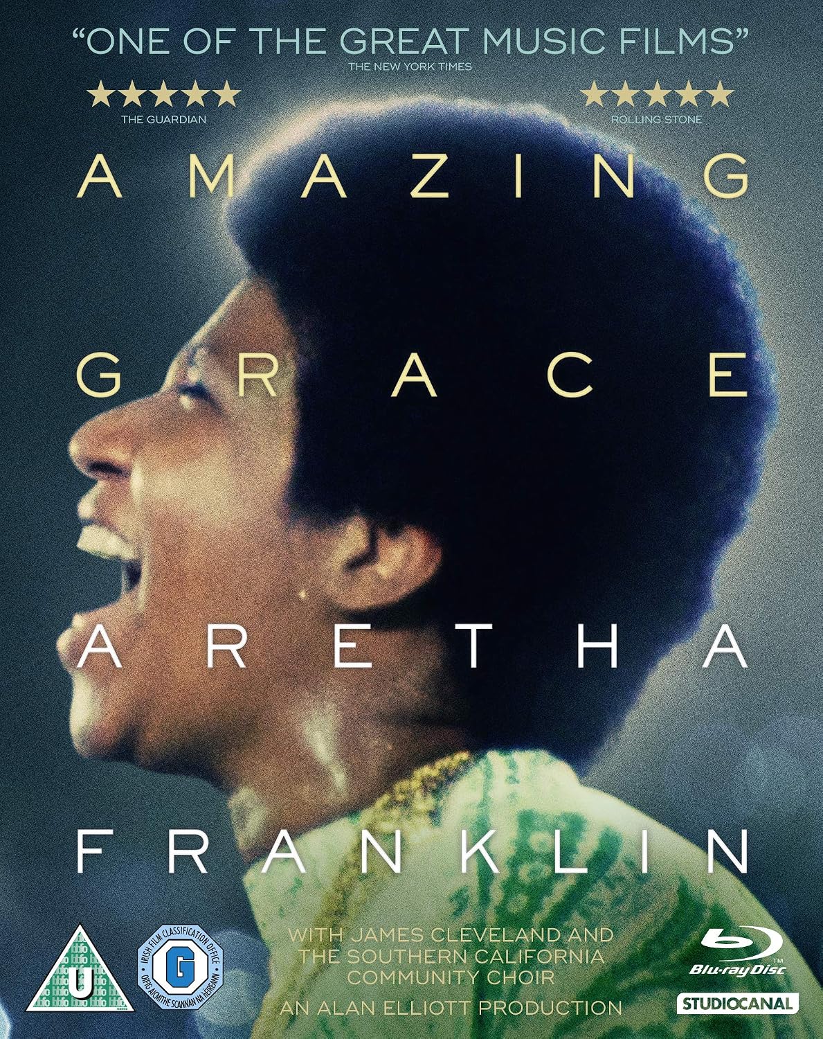 Blu-ray cover for the film 'Amazing Grace: Aretha Franklin', featuring a close-up portrait of Aretha Franklin in profile against a dark blue background, with large gold title text and rating logos at the top and bottom.