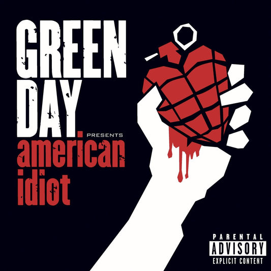 Album cover for 'American Idiot' by Green Day featuring a red grenade and silhouette of a face.