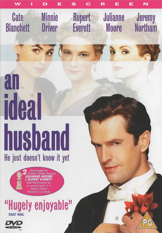 DVD cover for the movie 'An Ideal Husband' featuring cast names at the top, large purple title text, a faded collage of female faces, and a man in a tuxedo holding a red flower in the lower right. A DVD logo and PG rating appear at the bottom.