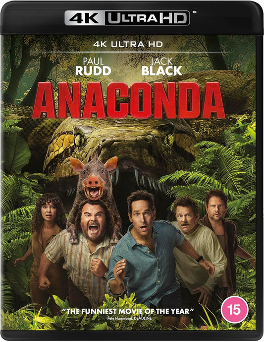4K Ultra HD Blu-ray cover of 'Anaconda' featuring a group of people and an anaconda in a jungle setting.