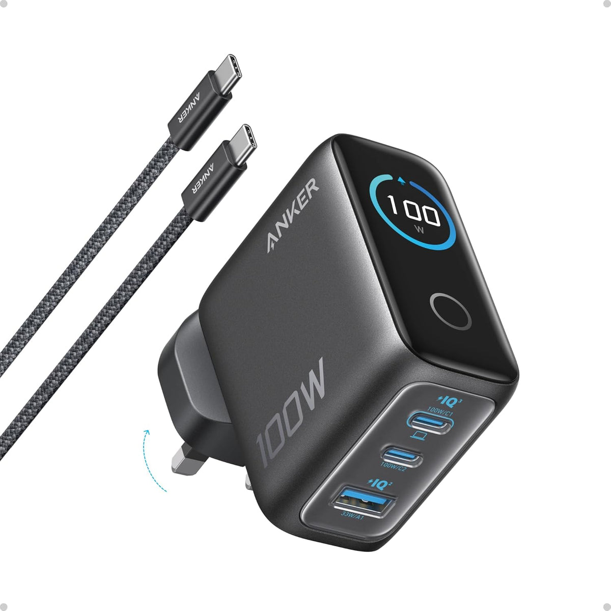 Anker 100W power adapter with multiple ports and cables on a white background