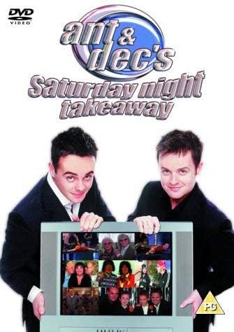 DVD cover of 'Ant & Dec's Saturday Night Takeaway' with two presenters holding a TV screen displaying various faces.