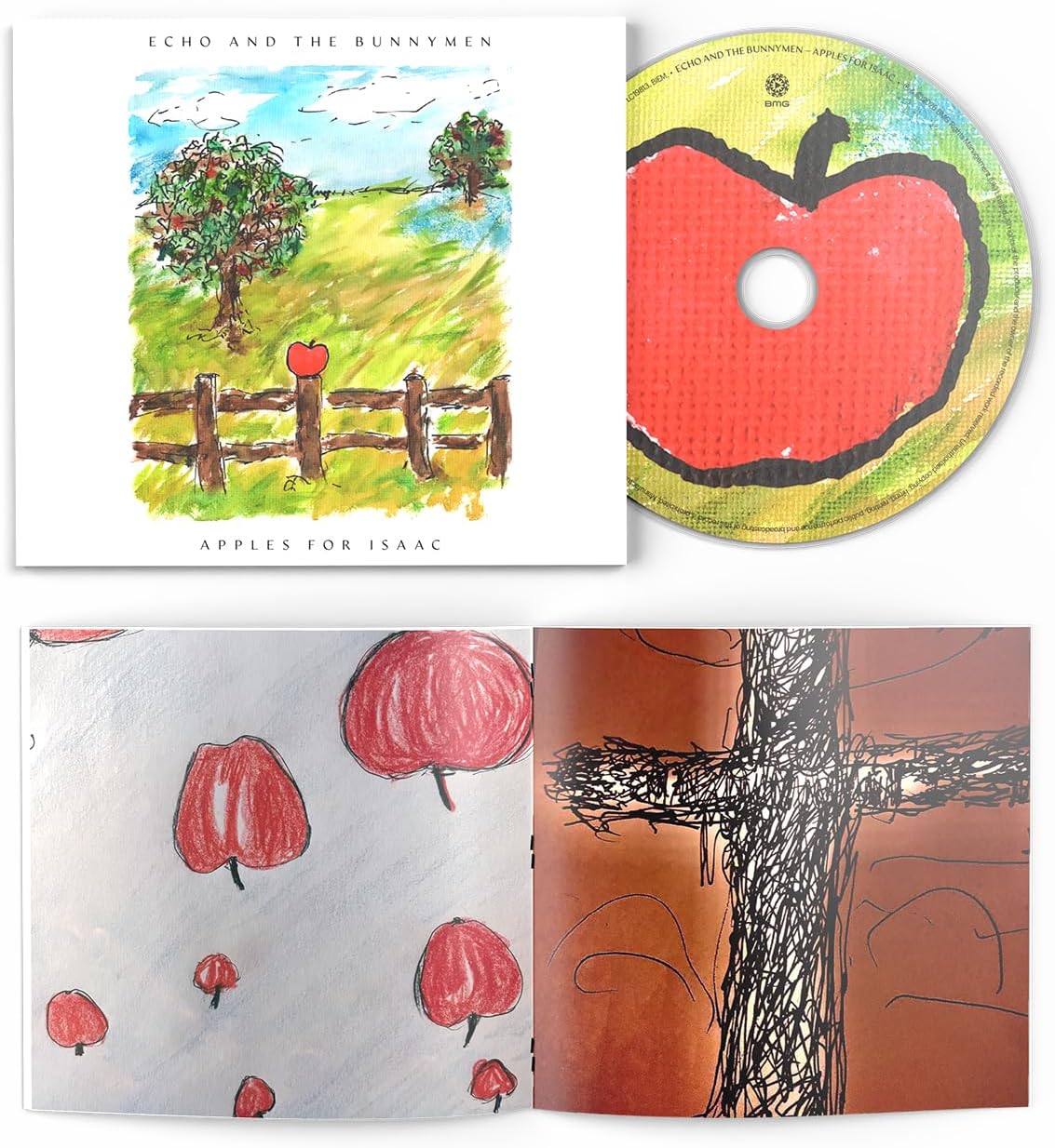 Album packaging for 'Apples for Isaac' by Echo and the Bunnymen, showing the illustrated album cover, a CD with a large red apple graphic, and an open inner sleeve with apple drawings and abstract artwork.