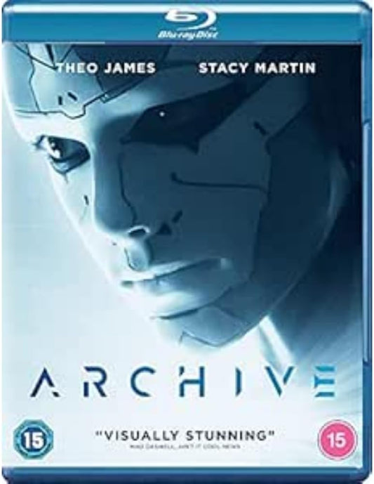 Blu-ray cover for the film 'Archive' featuring a close-up of a male character's face with a cybernetic enhancement, surrounded by a dark, misty background. The cover indicates a 15+ rating and includes text mentioning 'Visual stunning' and 'To Be Announced'.