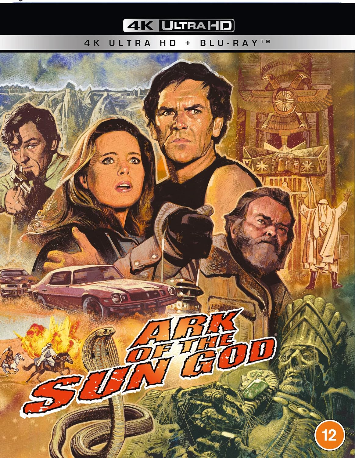Ark of the Sun God 4K Ultra HD + Blu-ray movie cover art featuring illustrated characters, a car, a cobra, and large title text on a warm desert-toned background.