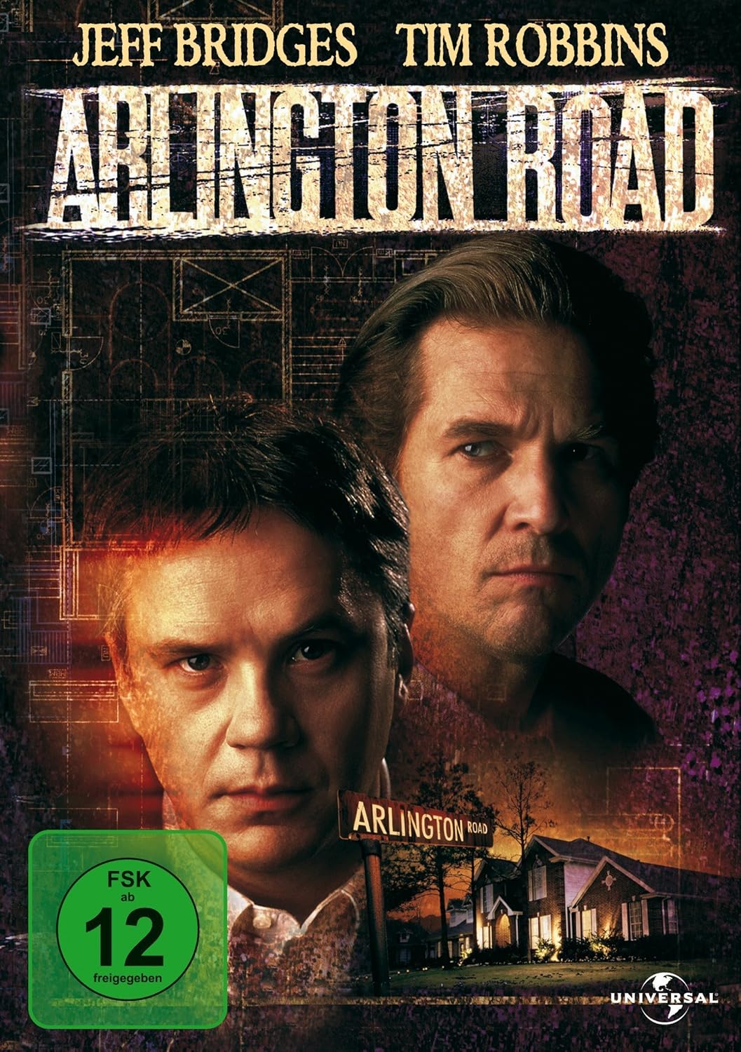 Arlington Road movie cover featuring Jeff Bridges and Tim Robbins, with the title in large distressed letters at the top, a green FSK 12 rating sticker in the lower left, and a Universal logo at the bottom right.