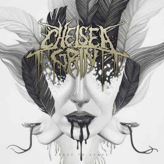 Album cover art for Chelsea Grin's 'Ashes to Ashes', featuring a monochrome illustration of a face with feathers, snakes, and dripping black paint, with the band's name in a metallic gold logo across the eyes.