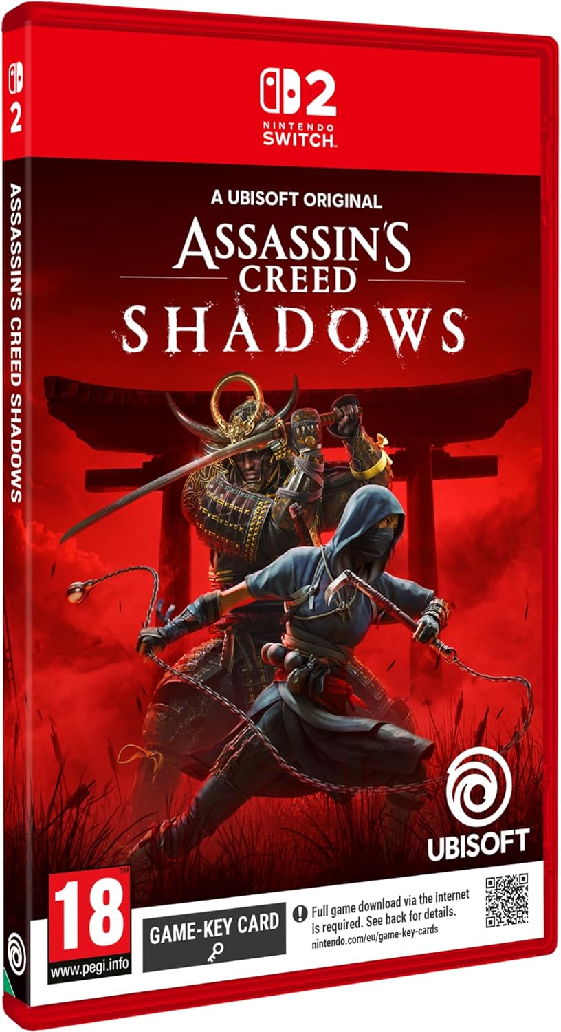 Assassin's Creed Shadows game packaging for Nintendo Switch on a red background