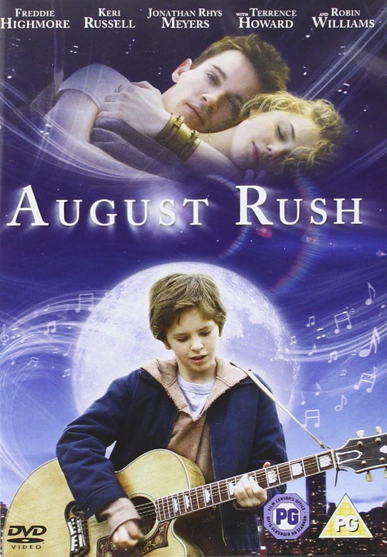 Movie poster for 'August Rush' featuring two people and a person with a guitar against a musical note background.
