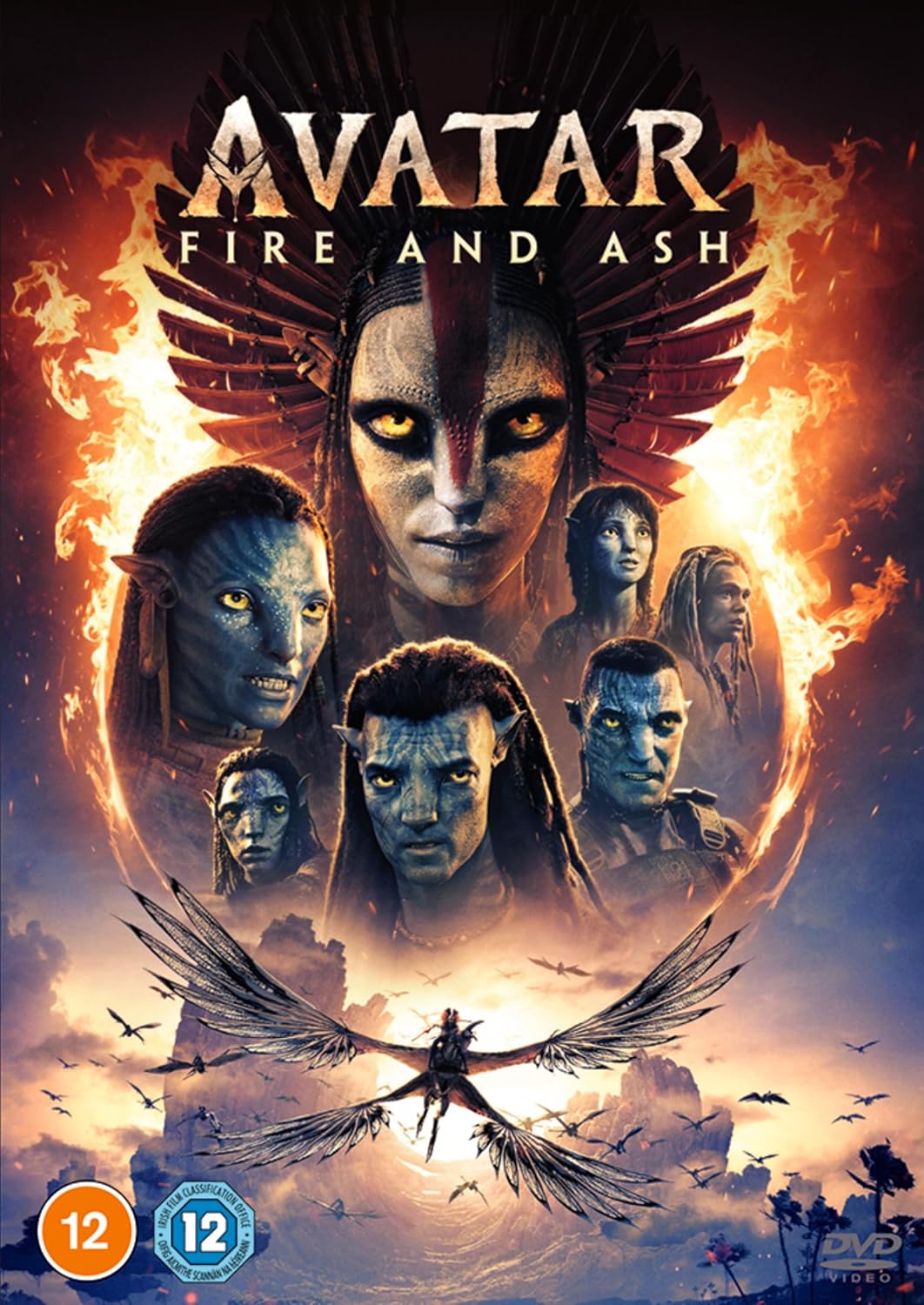 Movie poster for 'Avatar: Fire and Ash' featuring a central figure with wings and other characters around, set against a fiery background.