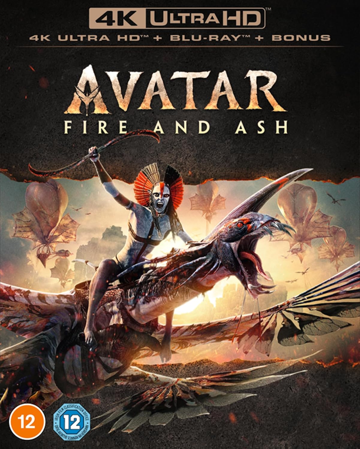 Blu-ray cover of 'Avatar: Fire and Ash' with 4K Ultra HD branding and action scene.