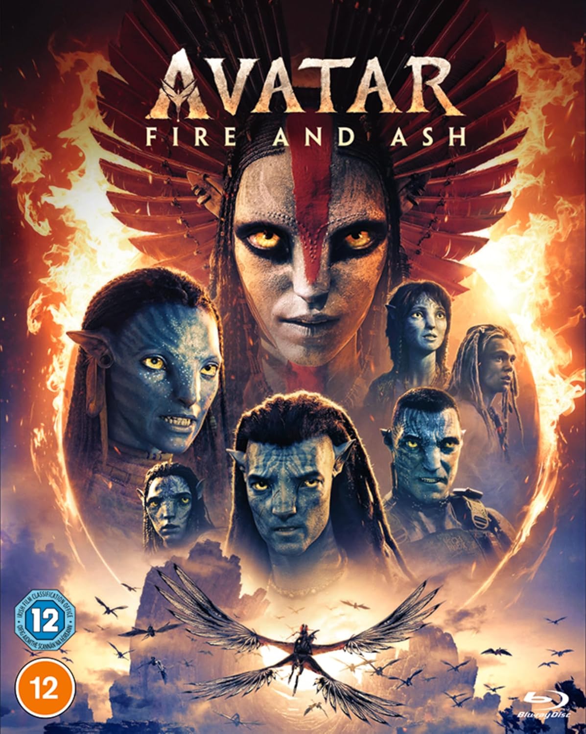 Blu-ray cover of 'Avatar: Fire and Ash' with character images and fiery design.