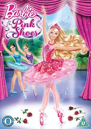 DVD cover for 'Barbie in the Pink Shoes' featuring an animated character in a pink ballet outfit with a pink horse and a blue forest background.