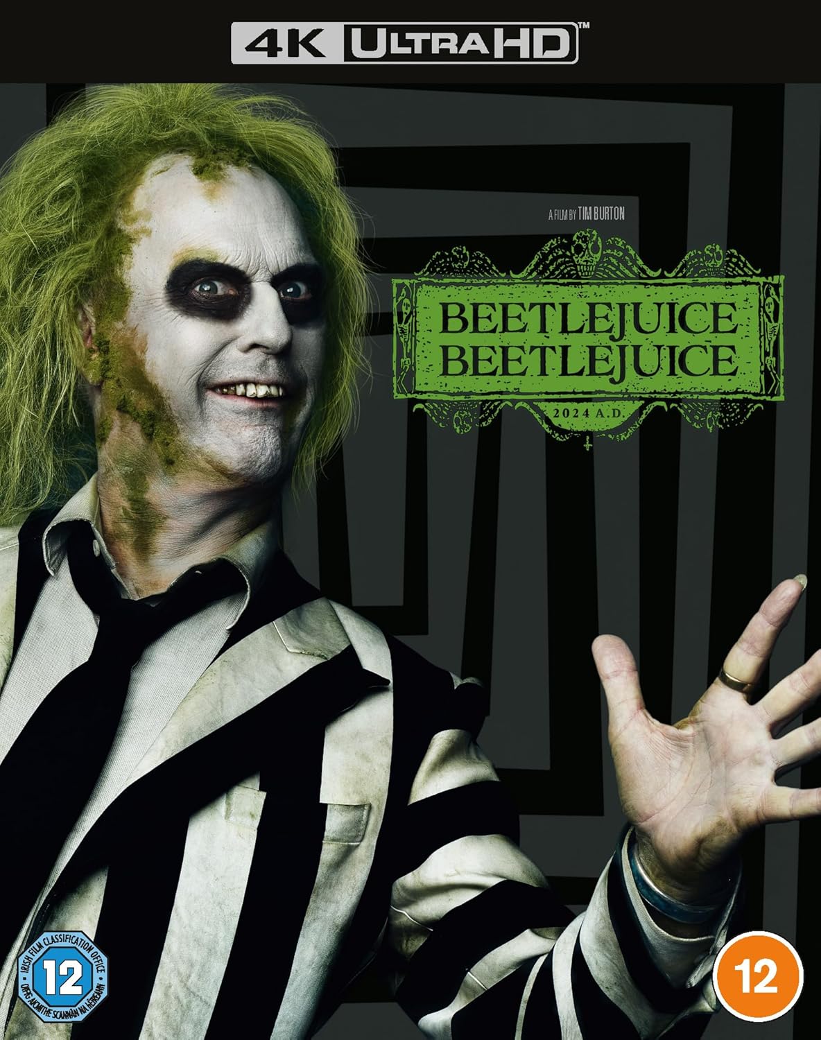 Cover of the Blu-ray movie 'Beetlejuice' featuring a black and white image of the character Beetlejuice with a green tinted background, indicating the 4K Ultra HD version. The film rating is displayed at the top.