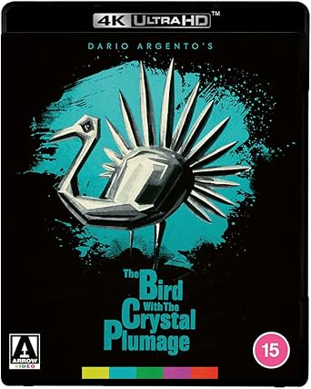 4K Ultra HD movie cover for 'The Bird with the Crystal Plumage' by Dario Argento, featuring a stylized bird design on a black background.