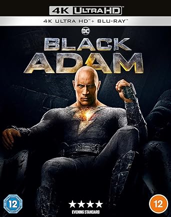Black Adam movie cover for 4K Ultra HD Blu-ray with actor in costume on dark background