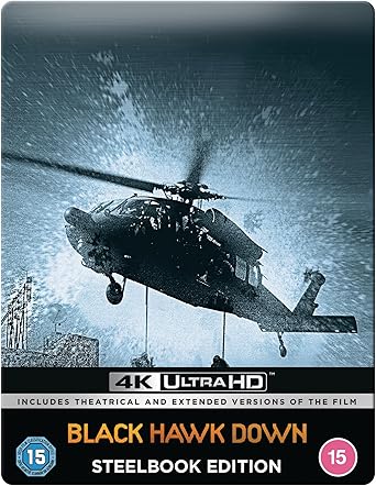 4K Ultra HD steelbook cover with helicopter and 'Black Hawk Down' text