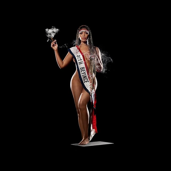 This image features a striking vinyl cover art for Beyonu00e9's album "Cowboy Carter." The cover depicts Beyonu00e9 in a dynamic, thoughtful pose, holding a cigarette and dressed in a striking red and blue outfit with a bold, red hairdo.