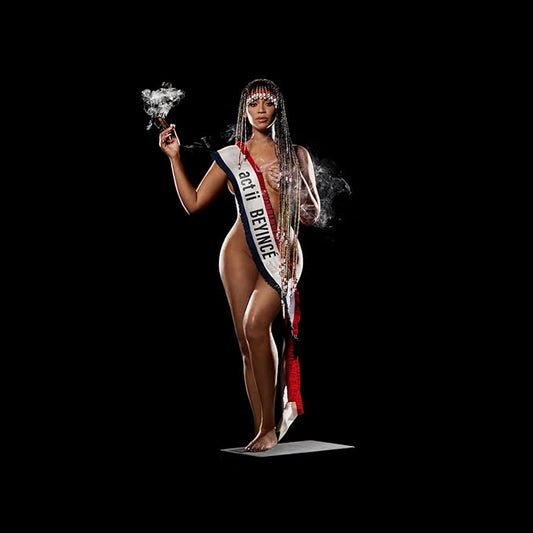 This image features a striking vinyl cover art for Beyonu00e9's album "Cowboy Carter." The cover depicts Beyonu00e9 in a dynamic, thoughtful pose, holding a cigarette and dressed in a striking red and blue outfit with a bold, red hairdo.