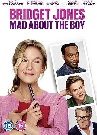 Movie poster for 'Bridget Jones: Mad About the Boy' featuring a woman holding a pen and notebook, with images of four men.