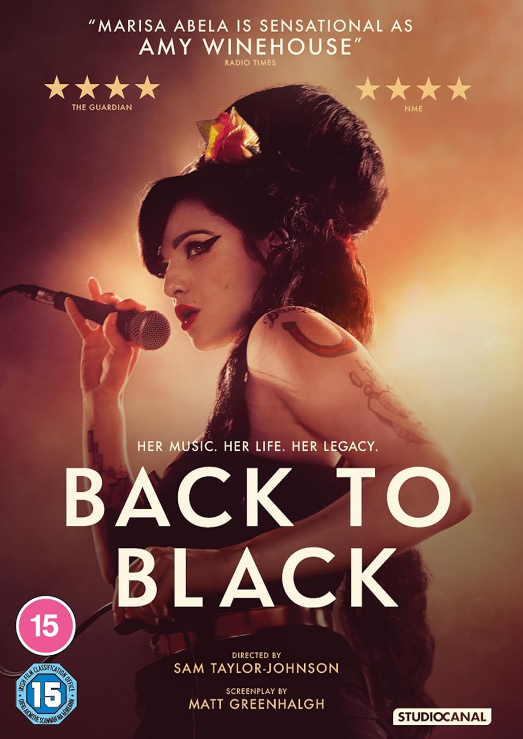 DVD cover for the film 'Back To Black' featuring a woman with a microphone singing, with additional cast members and crew listed as stars.