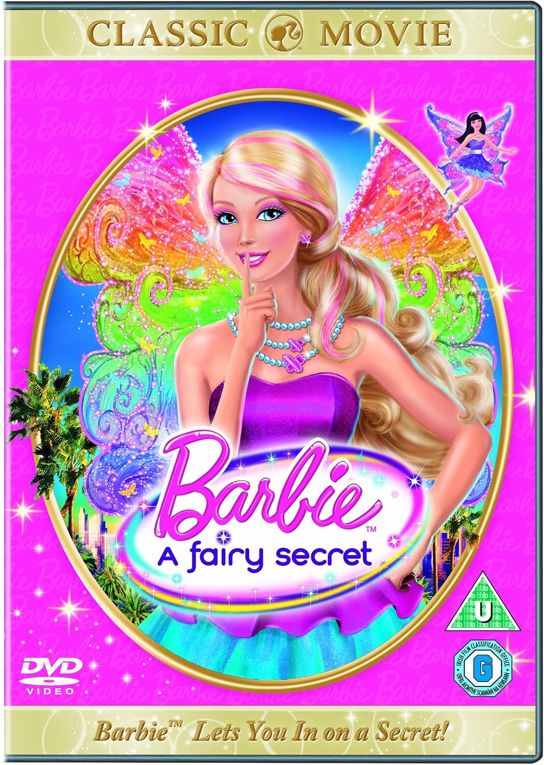 DVD cover for Barbie: A Fairy Secret, featuring Barbie with colorful fairy wings on a bright pink background with gold borders and DVD Video branding.