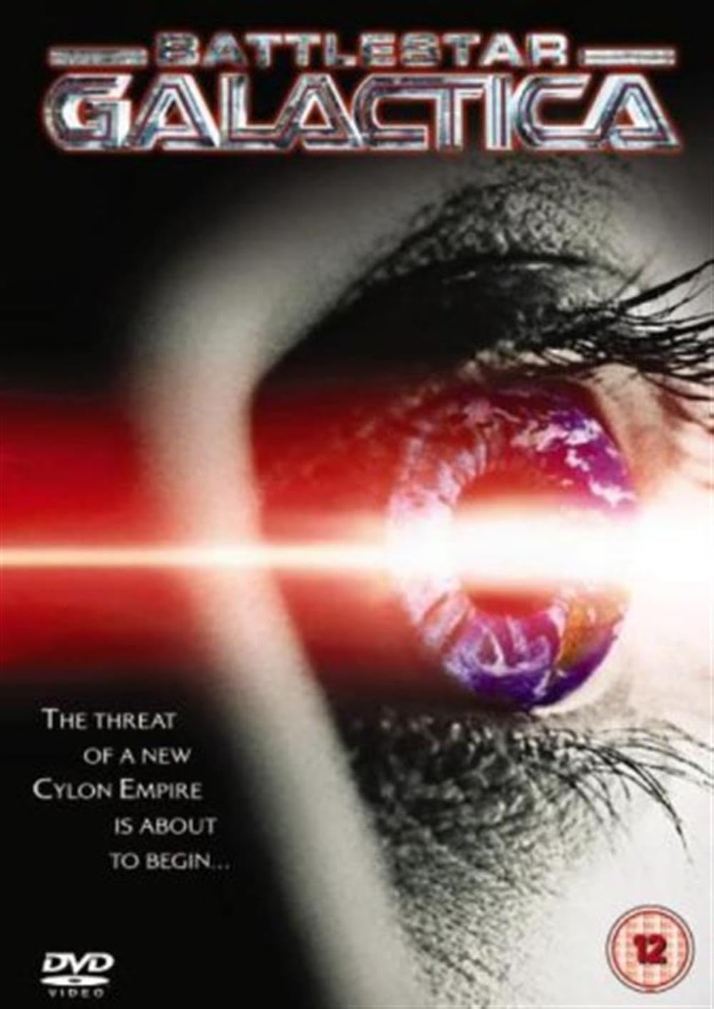 DVD cover of 'Battlestar Galactica' with a close-up of an eye and laser beam.