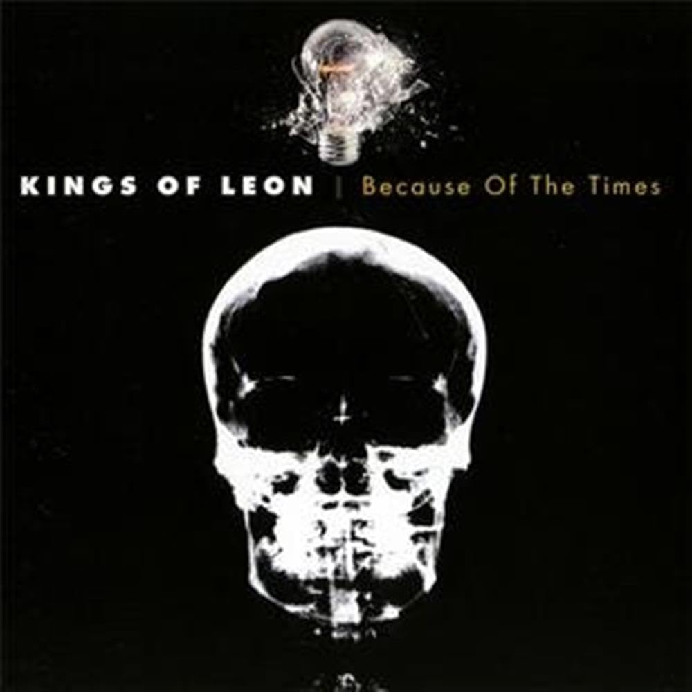Album cover for 'Because Of The Times' by Kings of Leon featuring a skull and light bulb on a black background.