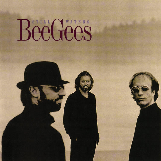 CD cover art featuring three members of the Bee Gees in a outdoor setting with a body of water and trees in the background.