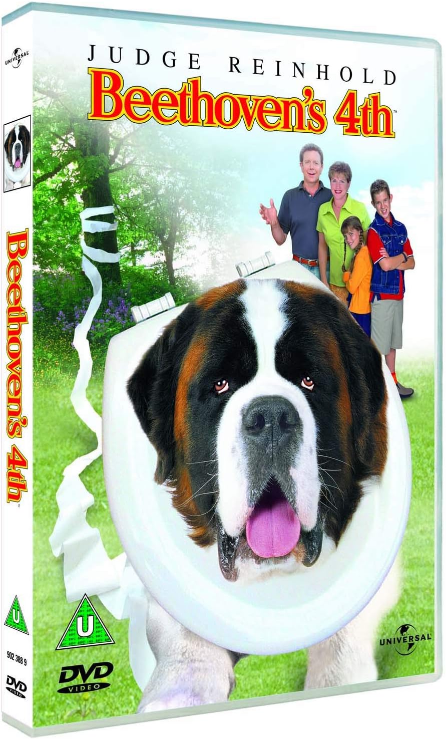 DVD cover for the movie 'Beethoven's 4th' starring Judge Reinhold, featuring a large Saint Bernard dog in a white collar on a green grassy background with family characters and the title in red and yellow text.