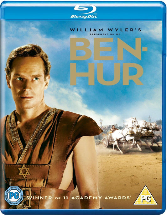 Blu-ray cover of 'Ben-Hur' with a character in Roman attire and a chariot in the background.
