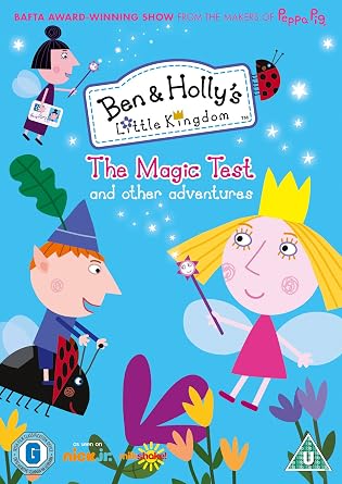 Front cover of the children's television show 'Ben & Holly's Little Kingdom: The Magic Test and other adventures' featuring colorful cartoon illustrations of Ben, Holly, a fairy, and a princess on a bright blue background.
