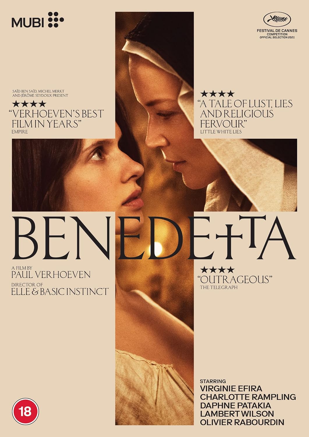 Movie poster for the film 'Benedetta' featuring a close-up portrait of a woman in a white habit, with large title text and critic quotes on a beige background. Visible brands include Mubi and Film Festival de Cannes.