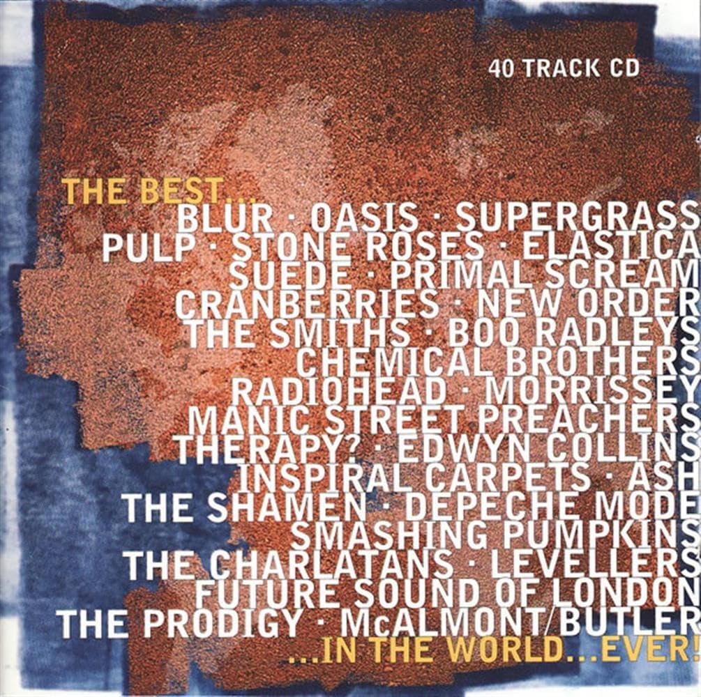 Album cover with a list of band names on a textured background