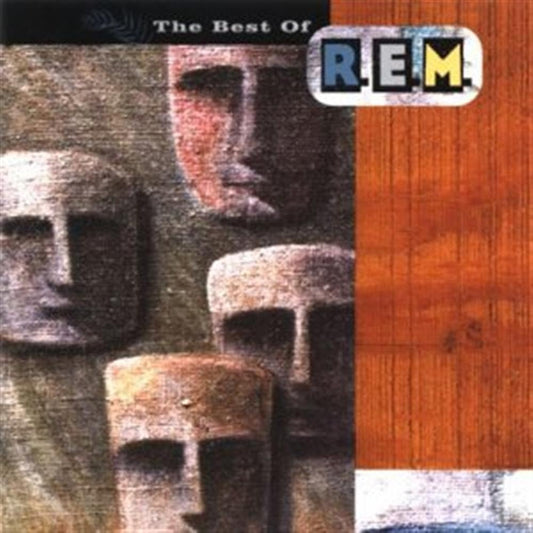 Album cover for 'The Best Of R.E.M.' with abstract faces and guitar design.
