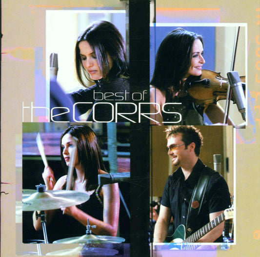Album cover for 'best of the CORRS' featuring four photos of the band members performing with instruments: a female vocalist, a female vocalist with violin, a drummer, and a male guitarist. The band's name is printed in large white text across the center.
