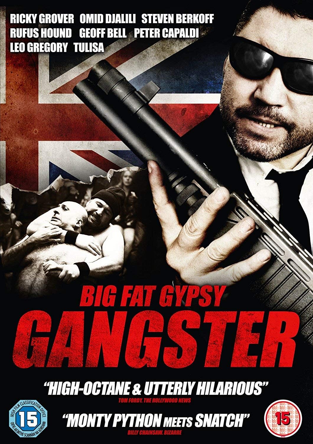 Movie poster for 'Big Fat Gypsy Gangster' featuring a man in sunglasses holding a shotgun, with a Union Jack background and bold red title text.