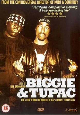 Movie poster for 'Biggie & Tupac' featuring two individuals with text about the controversial director and plot summary.