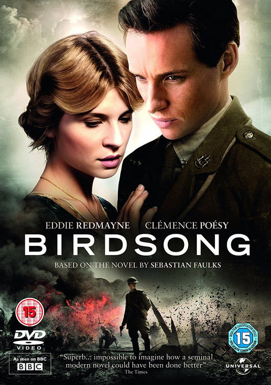 DVD cover for the film 'Birdsong' featuring Eddie Redmayne and Clémence Poésy, with a historical wartime scene and age rating logos for BBC, DVD Video, and Universal.