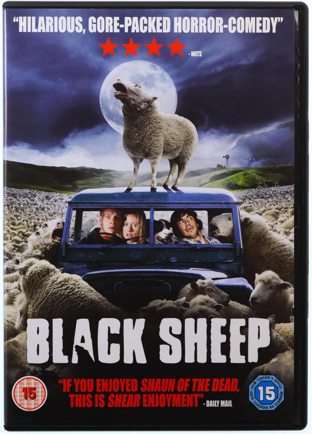 DVD cover for the film 'Black Sheep' featuring a sheep howling at a full moon while standing on a blue vehicle with people inside, surrounded by a flock of sheep. The title 'BLACK SHEEP' is printed in large white letters at the bottom, with a 15 rating logo and a quote from Daily Mail.
