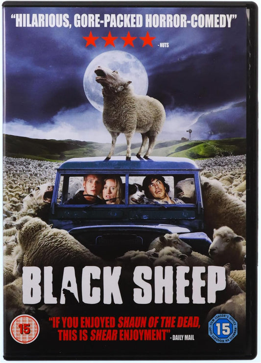 DVD cover for the film 'Black Sheep' featuring a sheep howling at a full moon while standing on a blue vehicle with people inside, surrounded by a flock of sheep. The title 'BLACK SHEEP' is printed in large white letters at the bottom, with a 15 rating logo and a quote from Daily Mail.