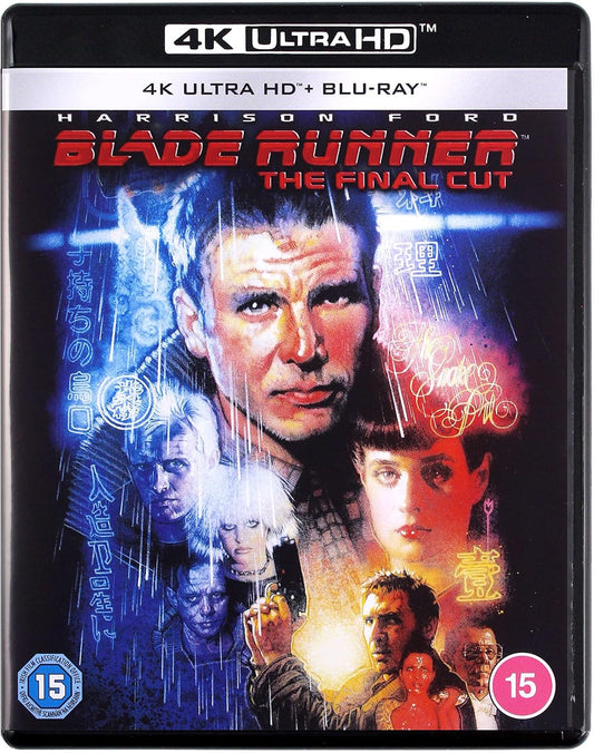 Blade Runner: The Final Cut 4K Ultra HD + Blu-ray movie case cover, featuring Harrison Ford's character portrait and the film's sci-fi artwork on a black background.