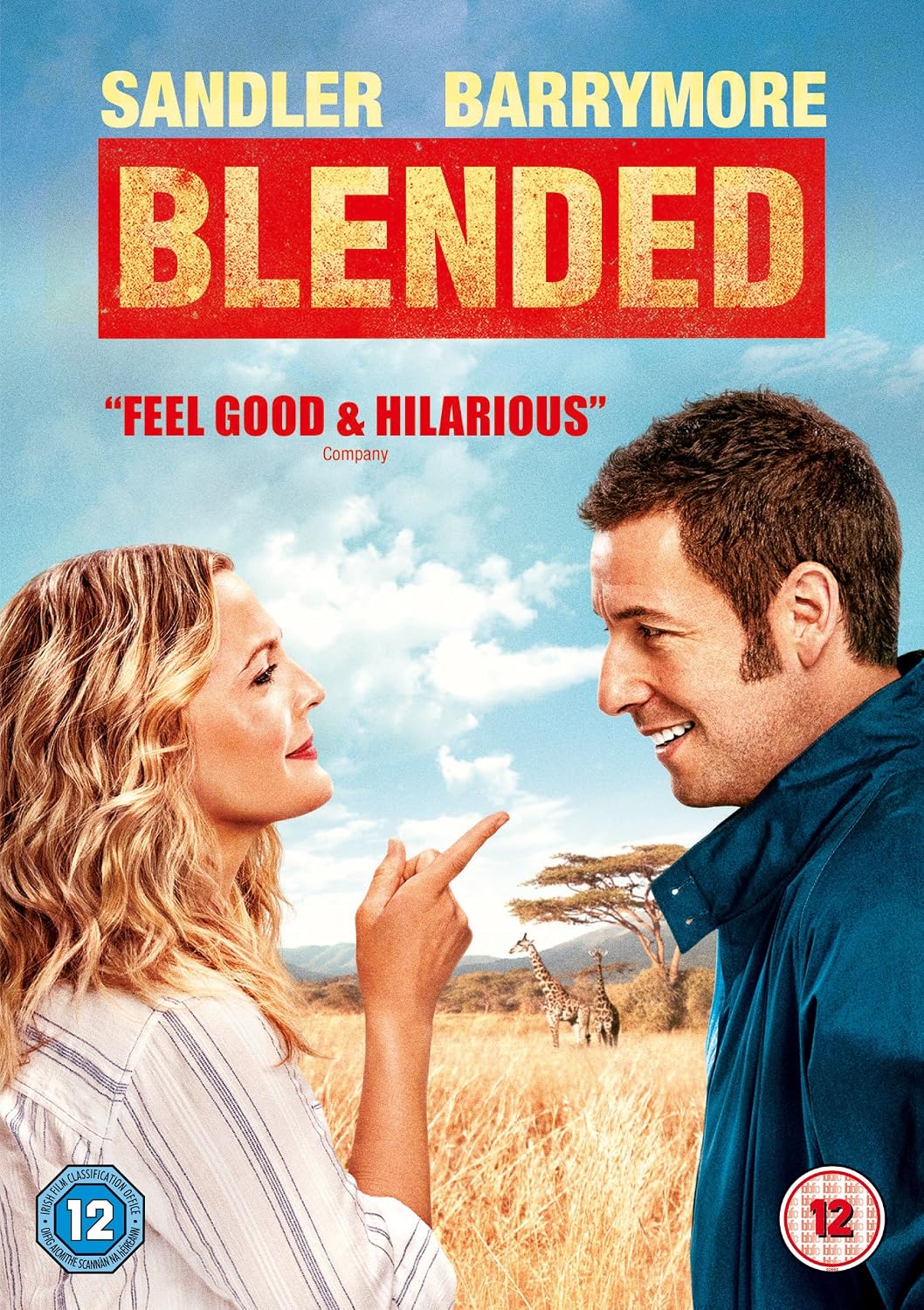 Movie poster for the film 'Blended' featuring a blonde woman and a man in a savanna setting, with the title 'BLENDED' in large gold letters on a red background and actor names Sandler and Barrymore at the top.