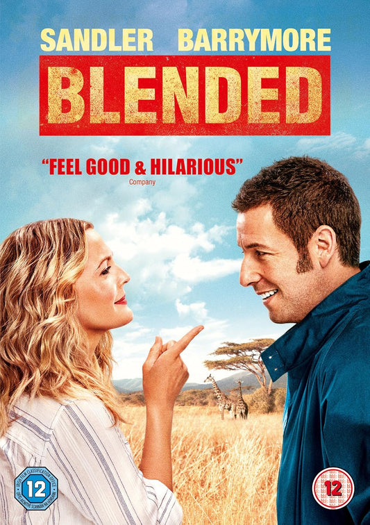 Movie poster for the film 'Blended' featuring a blonde woman and a man in a savanna setting, with the title 'BLENDED' in large gold letters on a red background and actor names Sandler and Barrymore at the top.