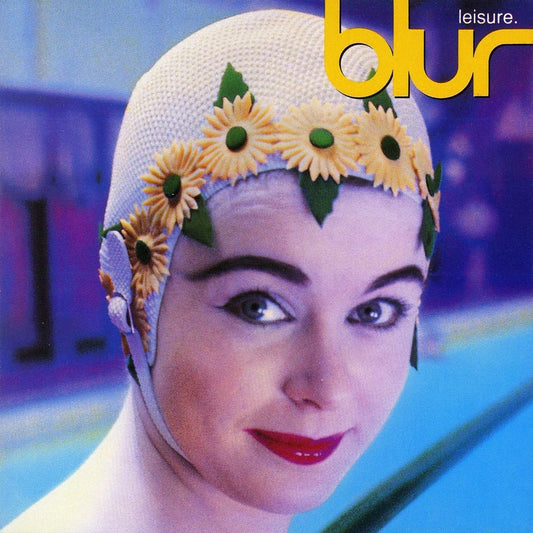Album cover of Blur Leisure Import CD featuring a woman with a floral swim cap, the band's name 'blur' in bold letters, and the album title 'leisure' printed.