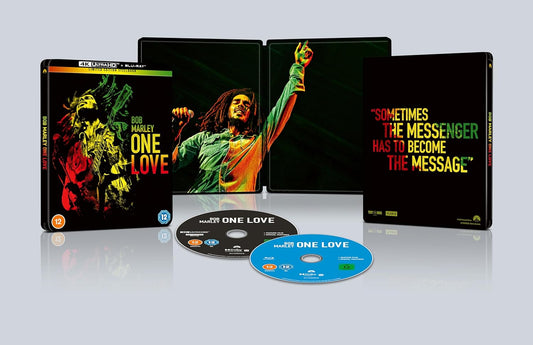 Collection of Bob Marley themed products including a DVD and Blu-ray set on a reflective surface.