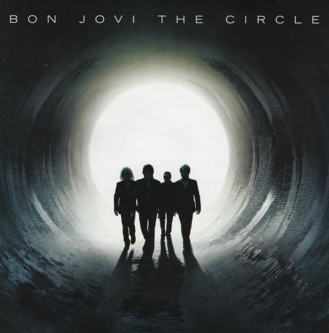 Album cover with silhouettes of four people at the end of a tunnel, titled 'The Circle' by Bon Jovi.